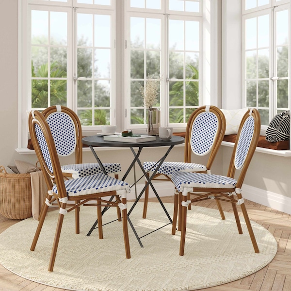 Flash Furniture Lourdes Thonet French Bistro Stacking Chair, White/Navy PE Rattan/Bamboo Print Alum Frame, 4PK 4-SDA-AD642002S-WHNVY-NAT-GG - main